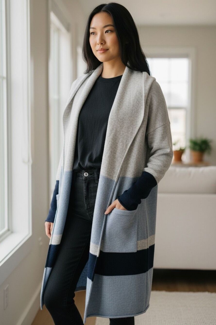 Kinross Cashmere 100% Cashmere Long Colorblock Open Front Cardigan Blue Gray M